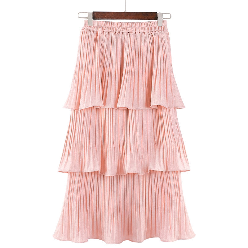 IELGY Korean version of chiffon white student thick pleated midi skirt cupcake dress
