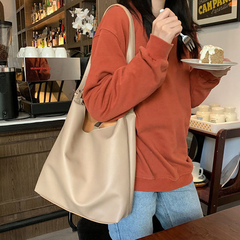 IELGY Women's bag Soft leather All-match PU Apricot One-shoulder Large capacity Black Portable