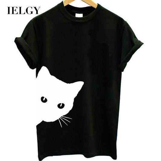 IELGY hot cat pattern printed round neck slim short-sleeved loose casual T-shirt top