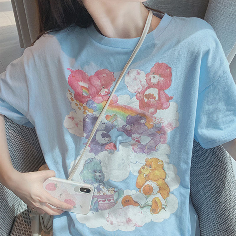 IELGY Women's clothes Blue Top Print Loose Short sleeve Bear T-shirt Casual Medium length