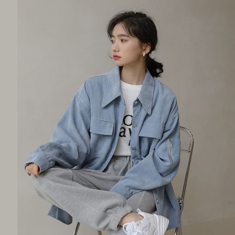 IELGY Corduroy Jacket Women's Trendy All-match Long Sleeve Fashion POLO Collar Top