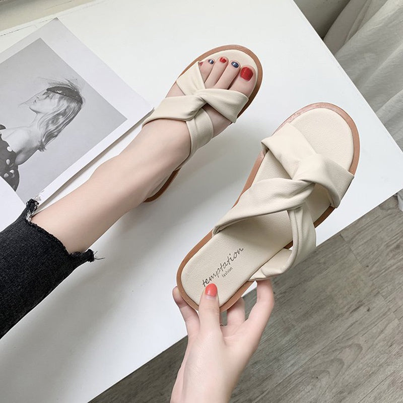 IELGY cross strap Korean woven surface all-match flat bottom women's slippers