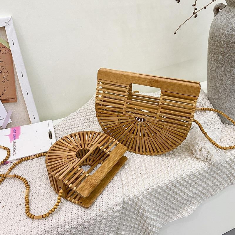 IELGY Hollow Fashion Messenger Bag Women's Bamboo Half Round Beach