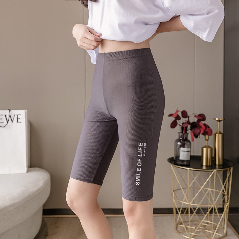 IELGY new ice silk plaid letter large size tight shorts sports yoga riding five pants women