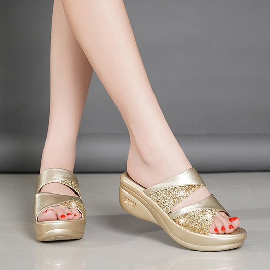 IELGY Breathable Wedge Slippers Sequins Lightweight Fish Mouth Fashion Plus Size Women