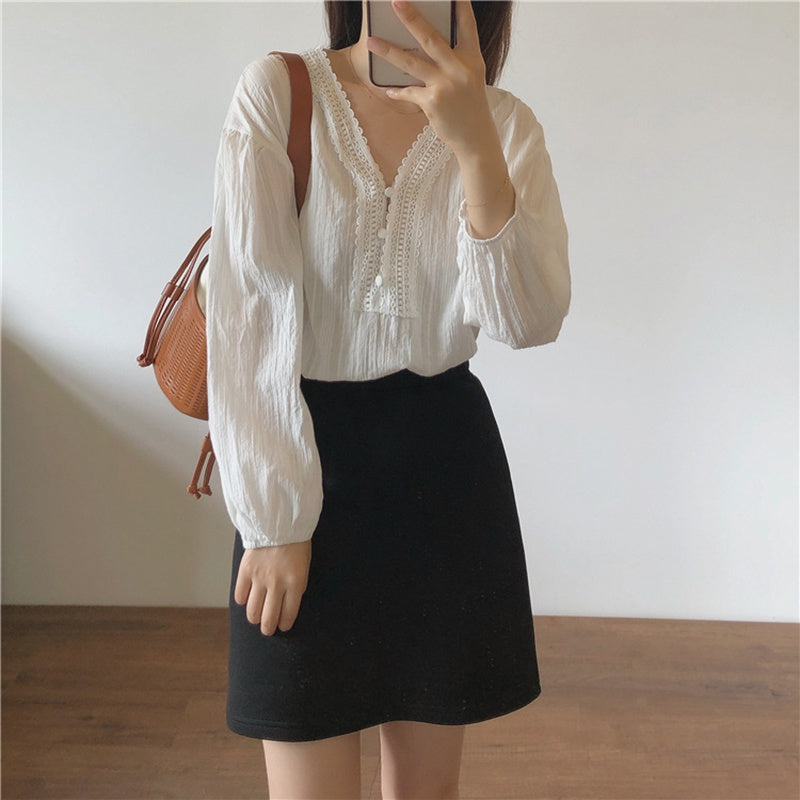IELGY Ladies Long Sleeve V-neck Stitching Chiffon White Shirt Loose and Thin