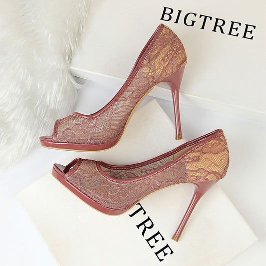IELGY Fishbill High Heels Women's Shoes Sexy 9.5cm Stiletto Platform Mesh Hollow Lace