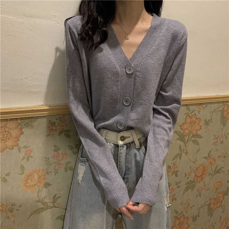 IELGY Women's clothes Jacket Simple Short Thin Knitted sweater Top Black V-neck Long-sleeved