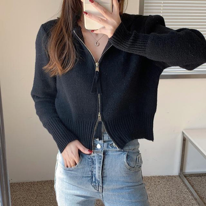 IELGY fashion design hooded double zipper short knitted sweater cardigan