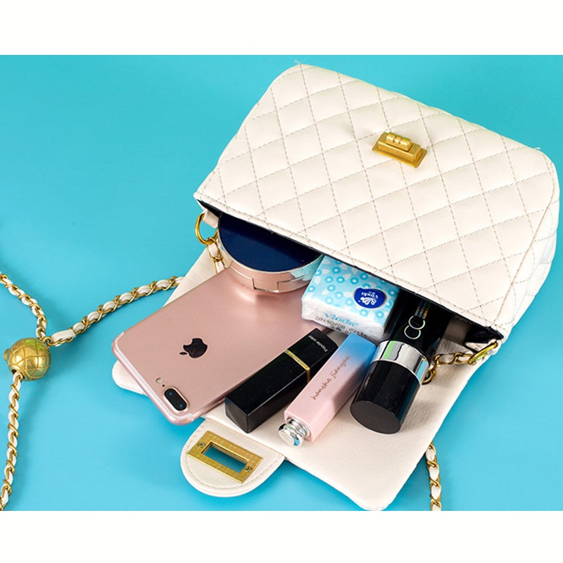 IELGY classic lock diamond chain crossbody handbag small golden ball decoration