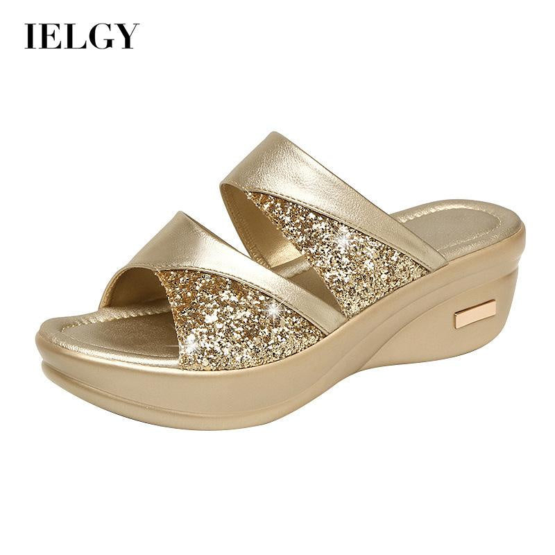 IELGY Breathable Wedge Slippers Sequins Lightweight Fish Mouth Fashion Plus Size Women