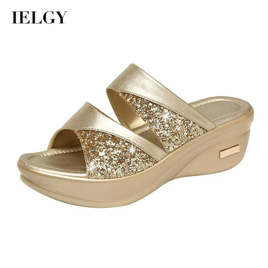 IELGY Breathable Wedge Slippers Sequins Lightweight Fish Mouth Fashion Plus Size Women