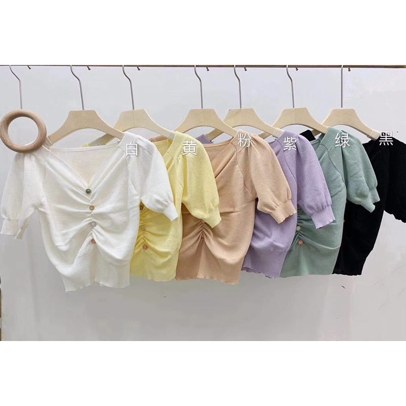 IELGY Retro V-neck knitted waist puff sleeve short top