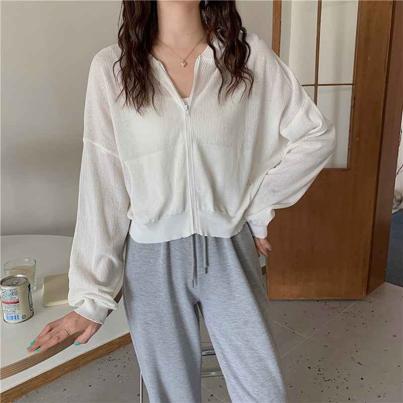 IELGY Fashion Hooded Sunscreen Zipper Breathable Thin Top Women Knitted Cardigan Long Sleeve