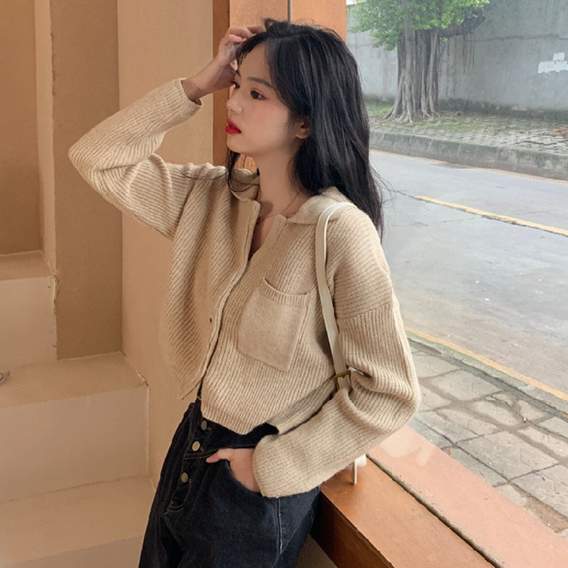 IELGY fashion Hong Kong style retro knitted sweater outer wear women's loose crop top