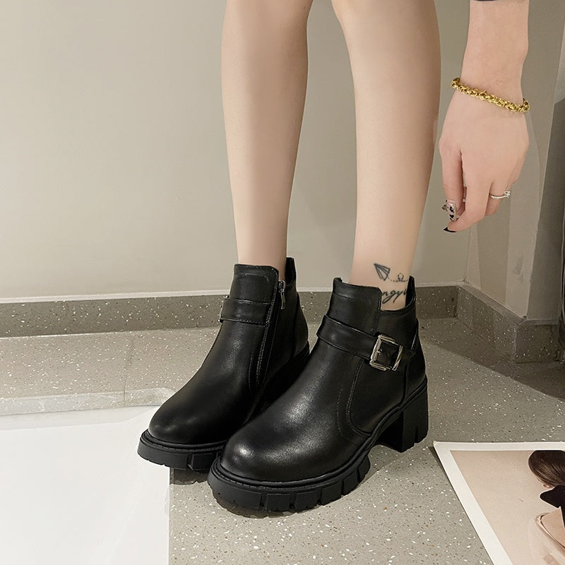 IELGY black round toe high-heeled Martin boots thick heel waterproof platform female trend