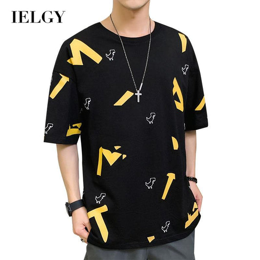 IELGY cotton black round neck half sleeves Short-sleeved T-shirt bottoming shirt comfortable breathable loose cartoon print man not easy to start