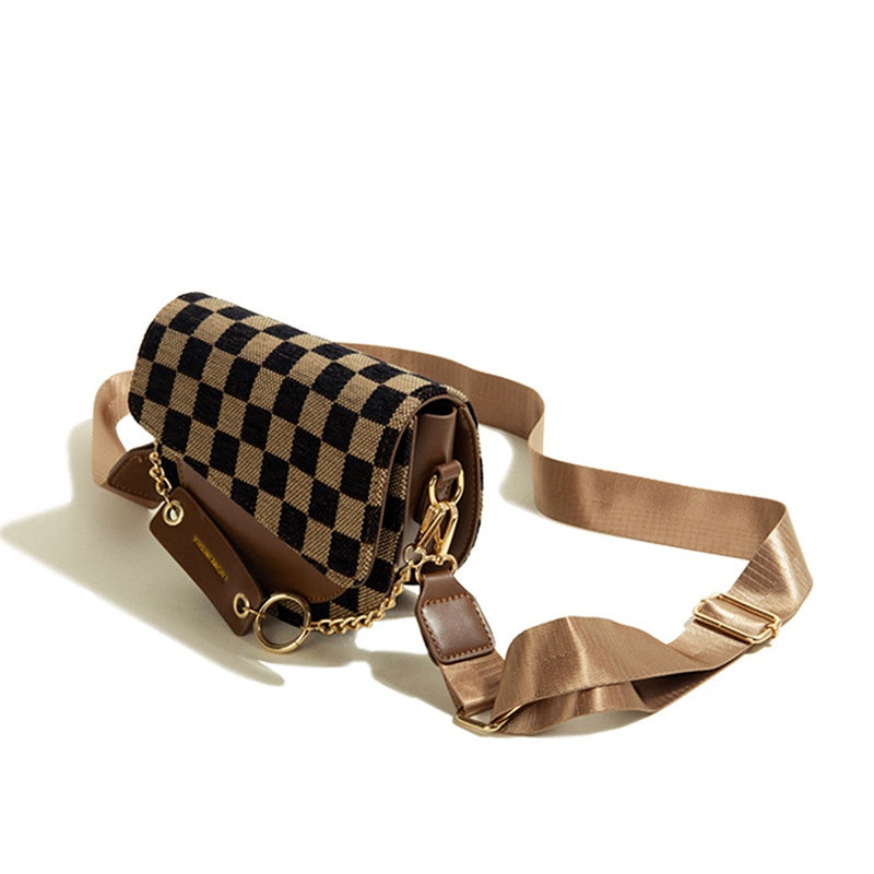 IELGY ladies street wide shoulder strap wild checkerboard messenger bag