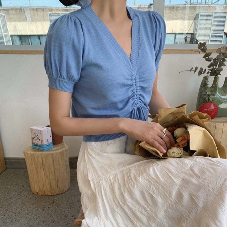 IELGY Drawstring short sleeve knitted loose puff sleeve Crop top