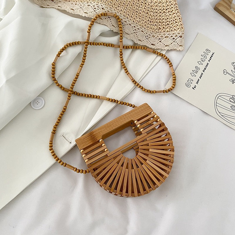 IELGY Hollow Fashion Messenger Bag Women's Bamboo Half Round Beach