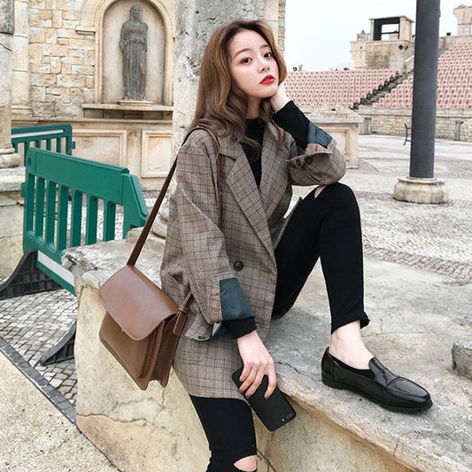 IELGY fashion small suit jacket women loose Korean retro plaid