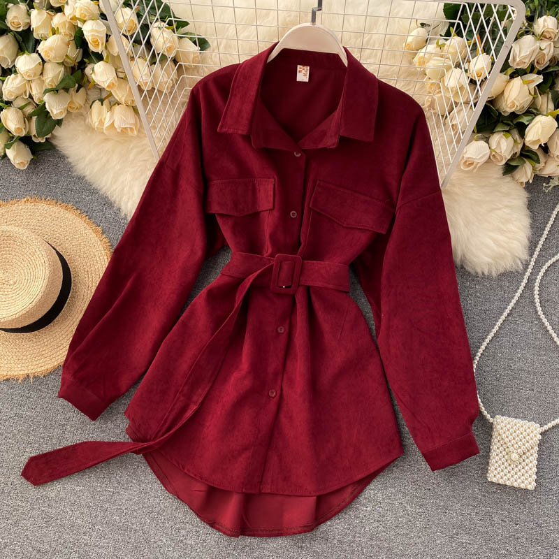 IELGY Women's clothes big pockets all-match V-neck tooling ties retro fashion shirts long sleeves