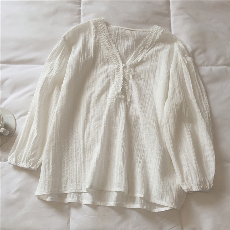 IELGY Ladies Long Sleeve V-neck Stitching Chiffon White Shirt Loose and Thin