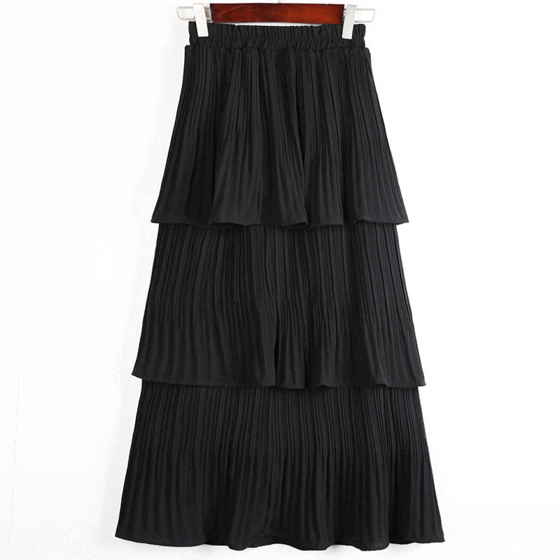 IELGY Korean version of chiffon white student thick pleated midi skirt cupcake dress