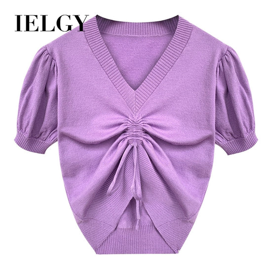 IELGY Drawstring short sleeve knitted loose puff sleeve Crop top
