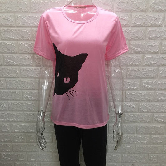 IELGY hot cat pattern printed round neck slim short-sleeved loose casual T-shirt top
