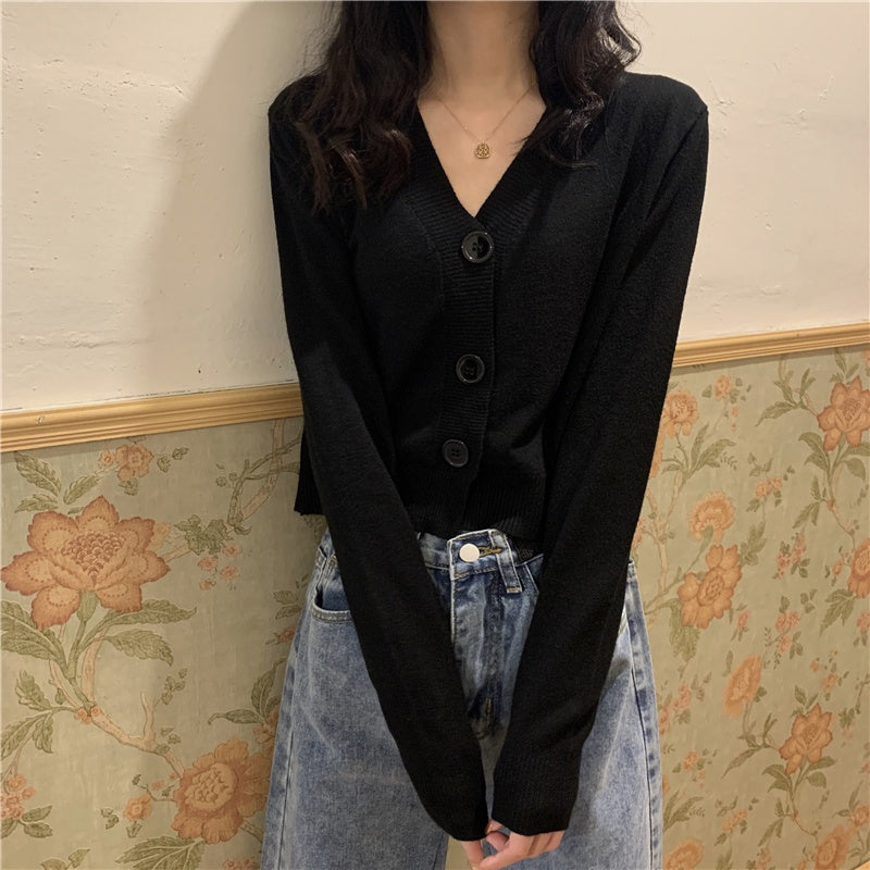 IELGY Women's clothes Jacket Simple Short Thin Knitted sweater Top Black V-neck Long-sleeved