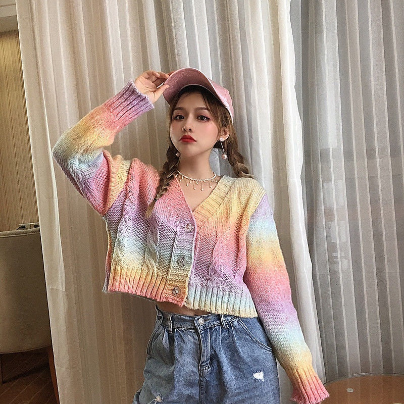 IELGY Fashion V-neck sweater women's personality tie-dye loose and versatile