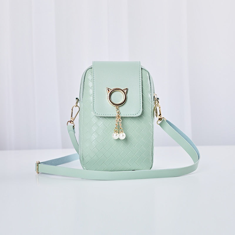 IELGY Cover type Tassel Mobile phone Woven Pearl Korean version Woman's bag Black One shoulder Diagonal