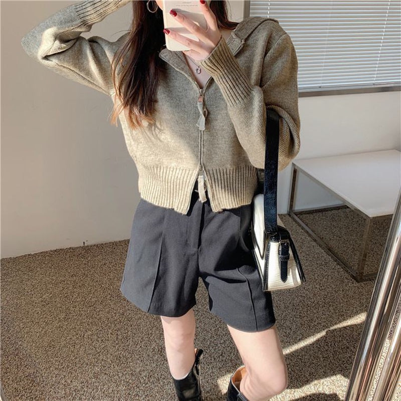IELGY fashion design hooded double zipper short knitted sweater cardigan