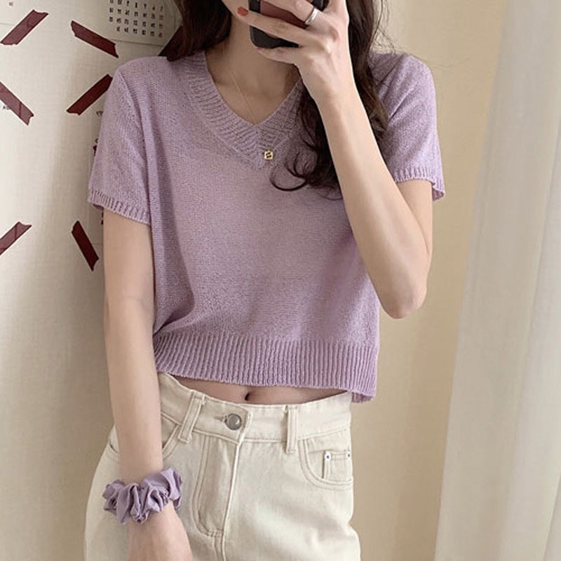 IELGY knitted short-sleeved T-shirt women summer new loose and thin short V-neck top T-shirt