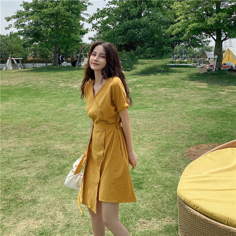 IELGY Women's clothes waist retro tie medium length fashion thin dress yellow all-match