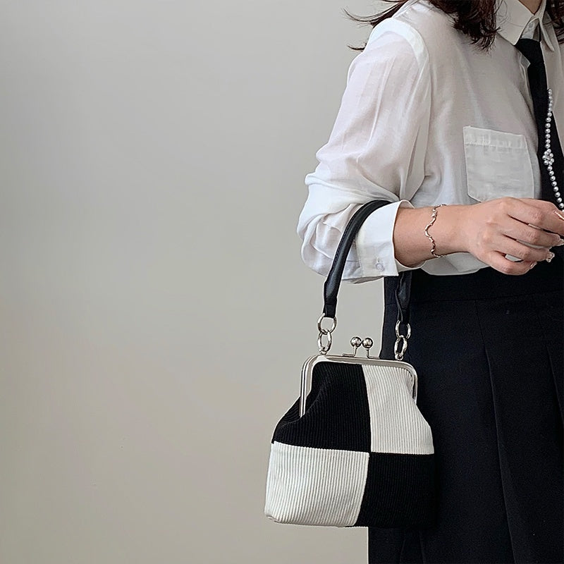 IELGY color matching checkerboard corduroy fashion retro crossbody handbag
