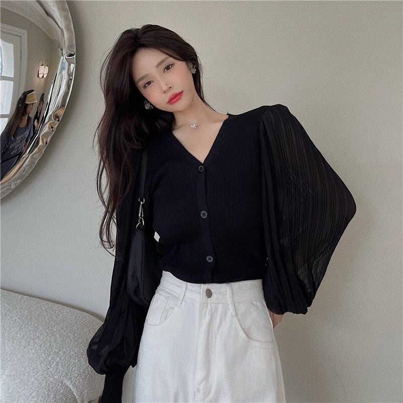 IELGY Fashion Chiffon Long Sleeve Knit Cardigan Korean Version Solid Color V-neck Slim