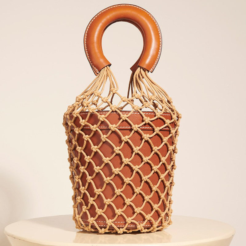 IELGY Fishing net bucket bag hand-woven rope grid hand bag