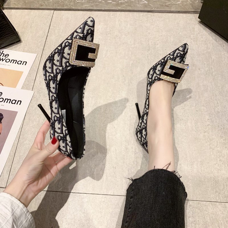 IELGY Fashion High Heels Female Niche Rhinestone Square Buckle Pointed Toe