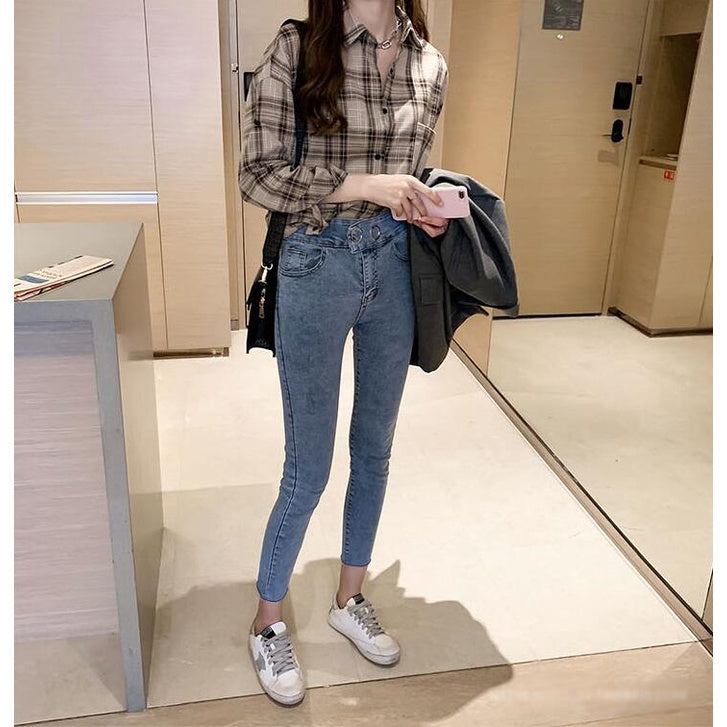 IELGY spring Korean style temperament long-sleeved plaid shirt women loose design blouse casual shirt