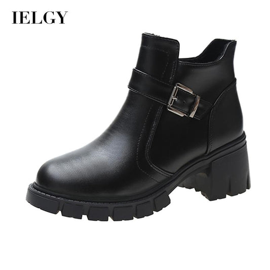 IELGY black round toe high-heeled Martin boots thick heel waterproof platform female trend