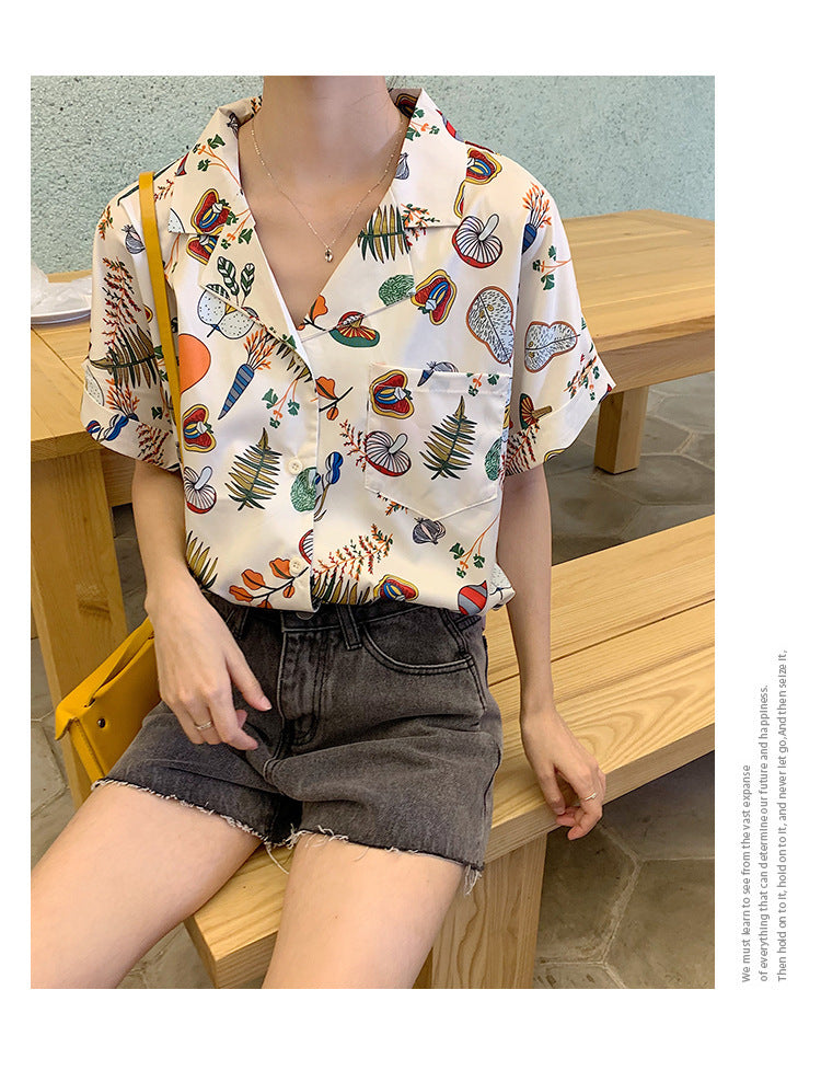 IELGY summer retro picnic print shirt blouse design loose temperament short-sleeved shirt