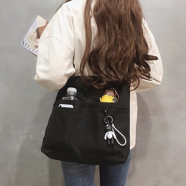 IELGY Canvas bag female crossbody Korean version of wild large-capacity school bag shoulder bag Literature and art backpack
