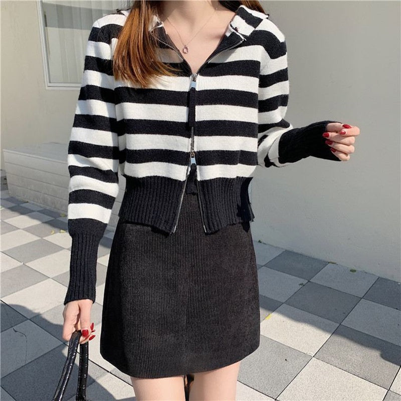 IELGY fashion design hooded double zipper short knitted sweater cardigan