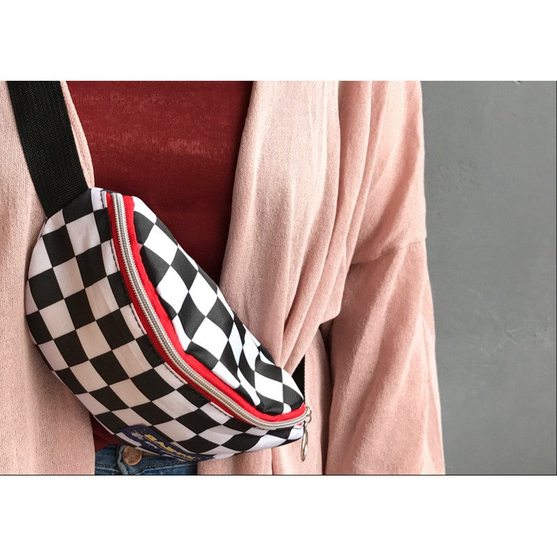 IELGY Black and white lattice fashion sports chest pockets small bag