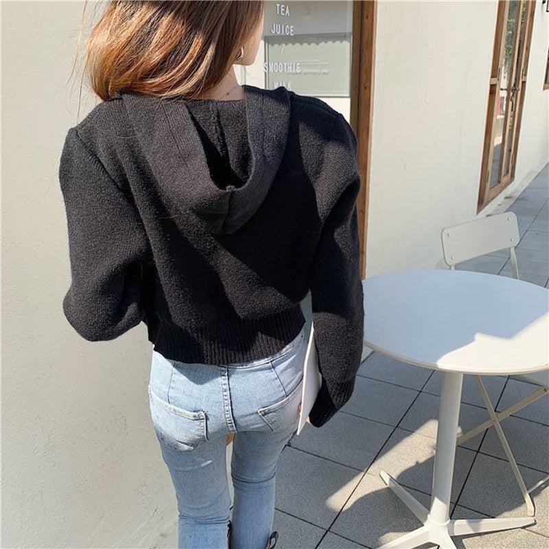 IELGY fashion design hooded double zipper short knitted sweater cardigan