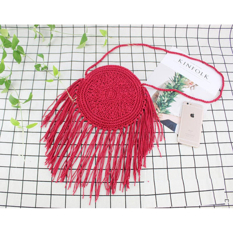 IELGY Handmade round tassel woven bag beach handbags