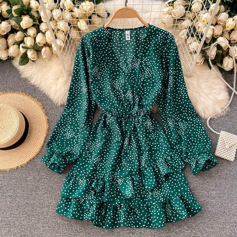 IELGY Irregular Vacation Slim Short Woman's dress Ruffle Casual Fashion Sweet Polka dot