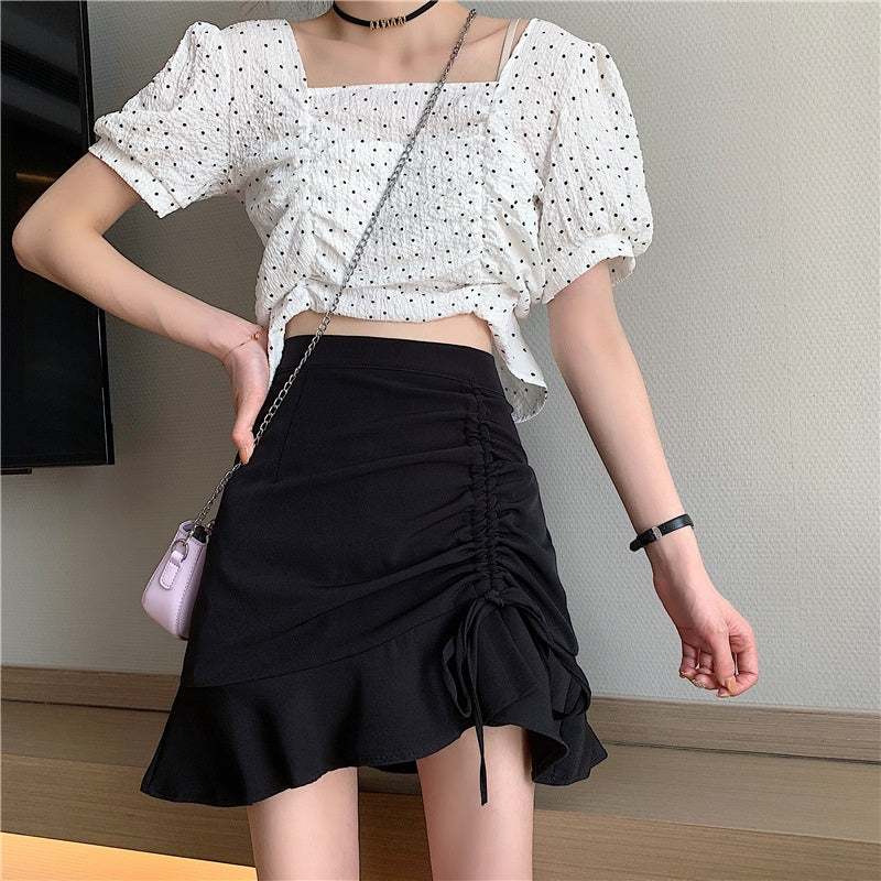 IELGY black short skirt summer high waist retro skirt design niche A-line thin skirt